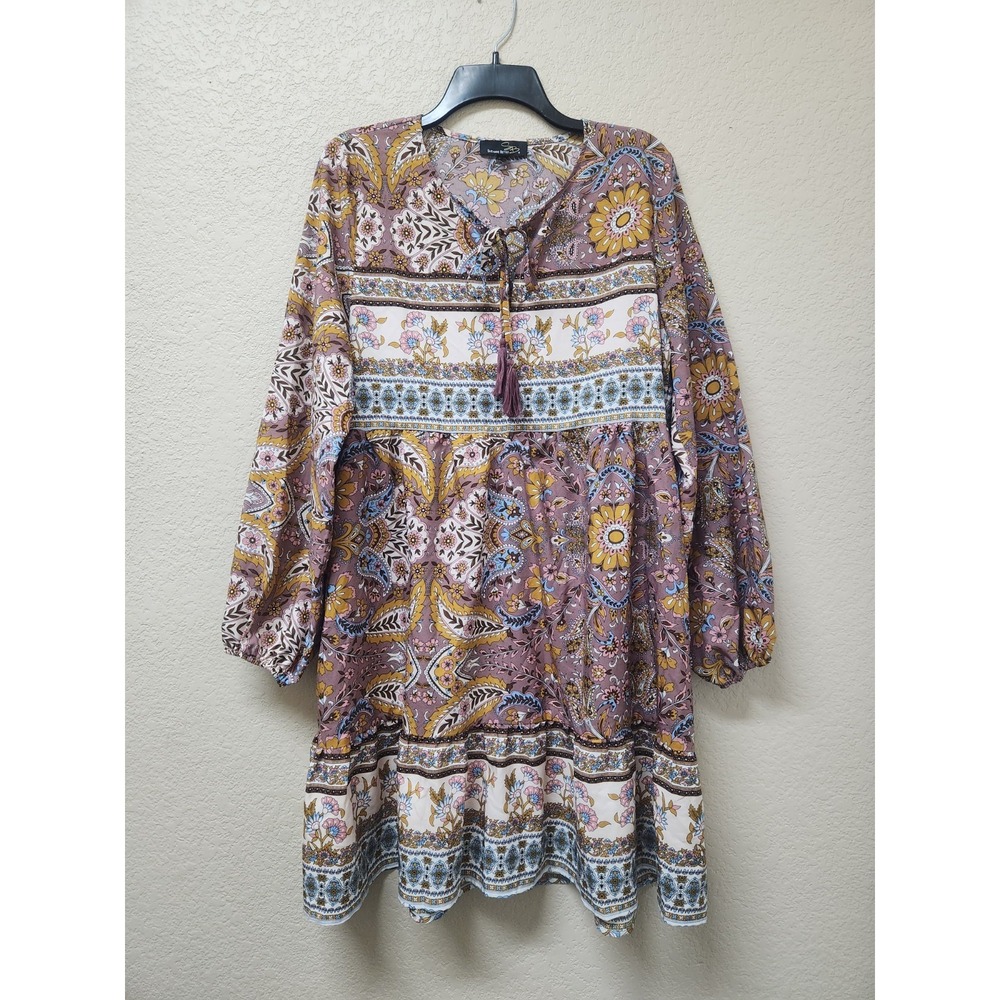 Suzanne Betro Boho Floral Paisley Dress L Womens Long Sleeve Tiered Babydoll Poc
